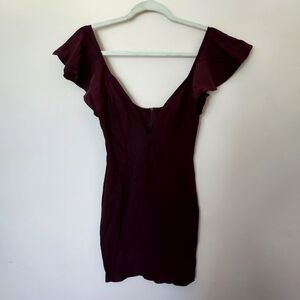 Solemio plum bodycon deep V mini rayon blend dress Dance Night Club